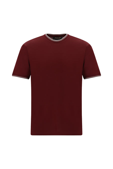 Koyu Bordo Bisiklet Yaka Slim Fit Dar Kesim Desenli Merserize Pamuk T-shirt-Abdullah Ki??l?