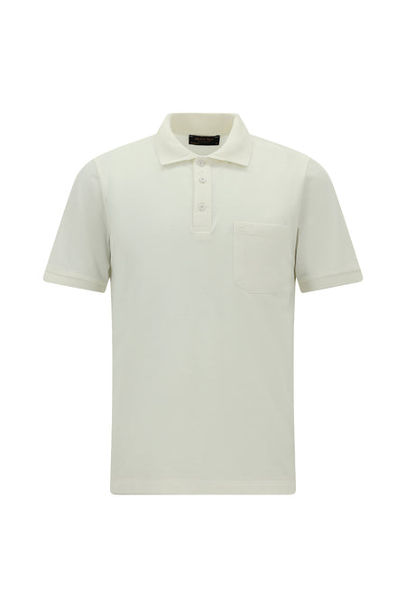 Kırık Beyaz Regular Fit Nakışlı Cepli Pamuk Kıvrılmaz Polo Yaka T-shirt
