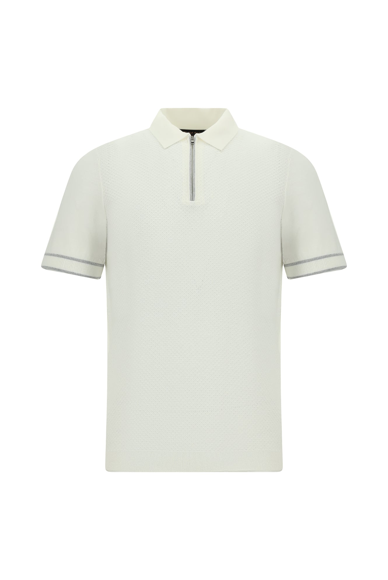 Ekru Regular Fit Fermuarlı Desenli Pamuklu Polo Yaka Triko T-shirt