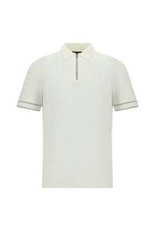 Ekru Regular Fit Fermuarlı Desenli Pamuklu Polo Yaka Triko T-shirt