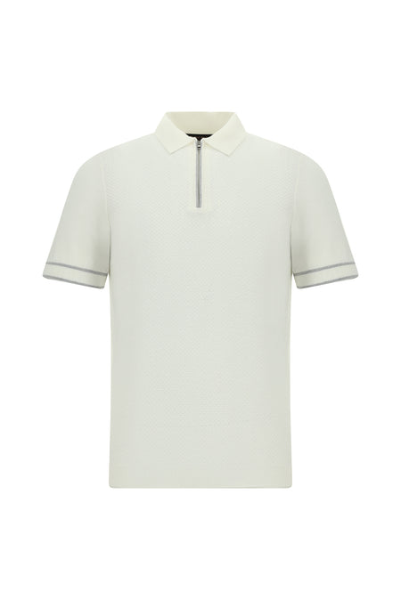 Ekru Regular Fit Fermuarlı Desenli Pamuklu Polo Yaka Triko T-shirt