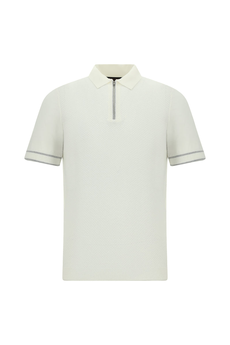 Ekru Regular Fit Fermuarlı Desenli Pamuklu Polo Yaka Triko T-shirt