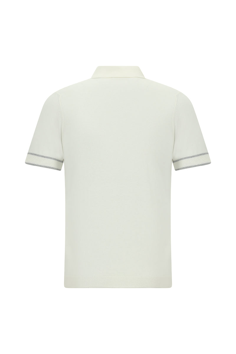 Ekru Regular Fit Fermuarlı Desenli Pamuklu Polo Yaka Triko T-shirt