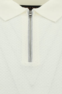 Ekru Regular Fit Fermuarlı Desenli Pamuklu Polo Yaka Triko T-shirt