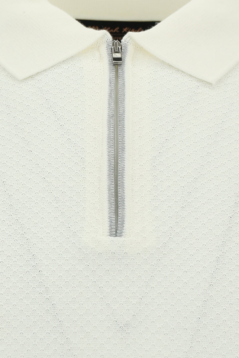 Ekru Regular Fit Fermuarlı Desenli Pamuklu Polo Yaka Triko T-shirt