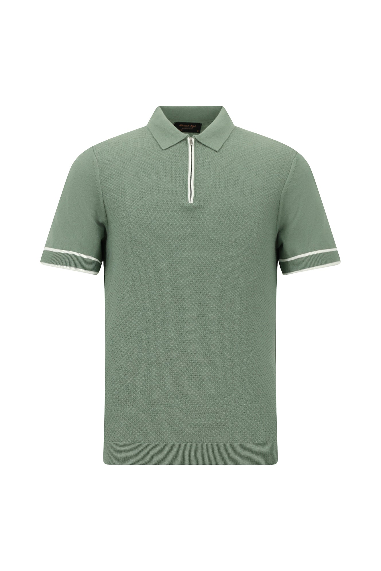 Küf Yeşili Regular Fit Fermuarlı Desenli Pamuklu Polo Yaka T-shirt