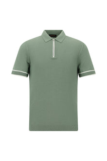 Küf Yeşili Regular Fit Fermuarlı Desenli Pamuklu Polo Yaka T-shirt