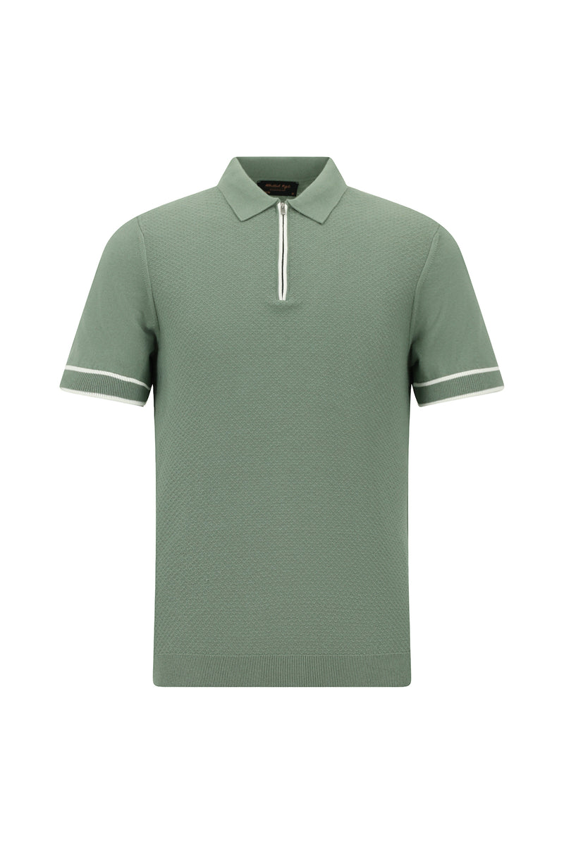 Küf Yeşili Regular Fit Fermuarlı Desenli Pamuklu Polo Yaka T-shirt