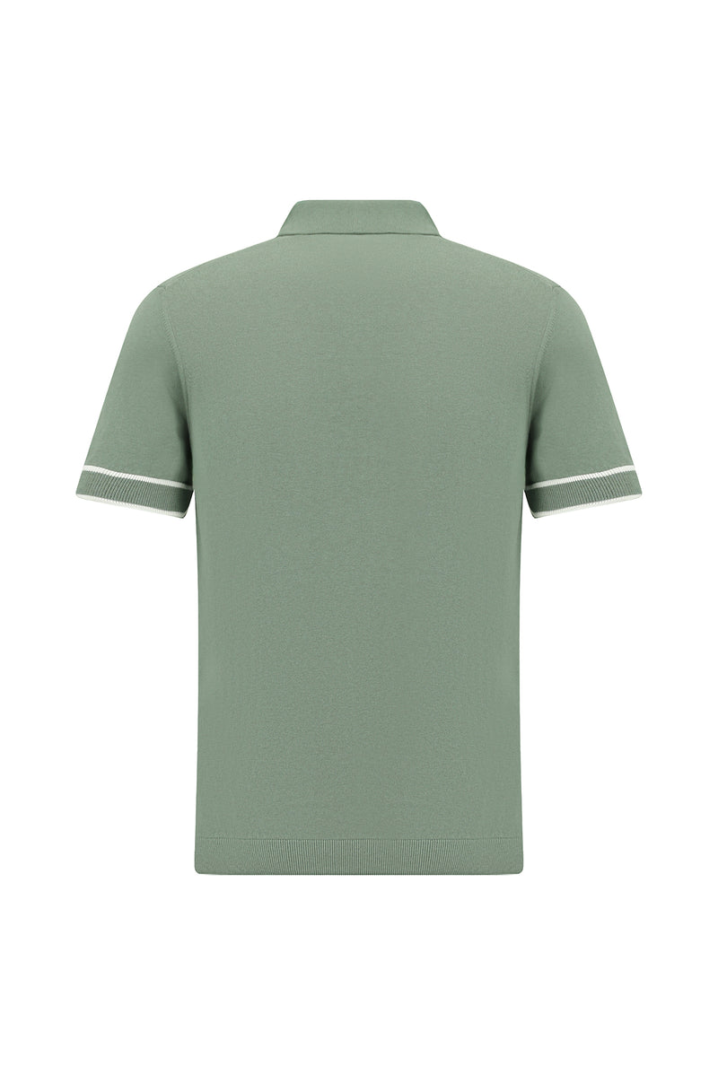 Küf Yeşili Regular Fit Fermuarlı Desenli Pamuklu Polo Yaka T-shirt