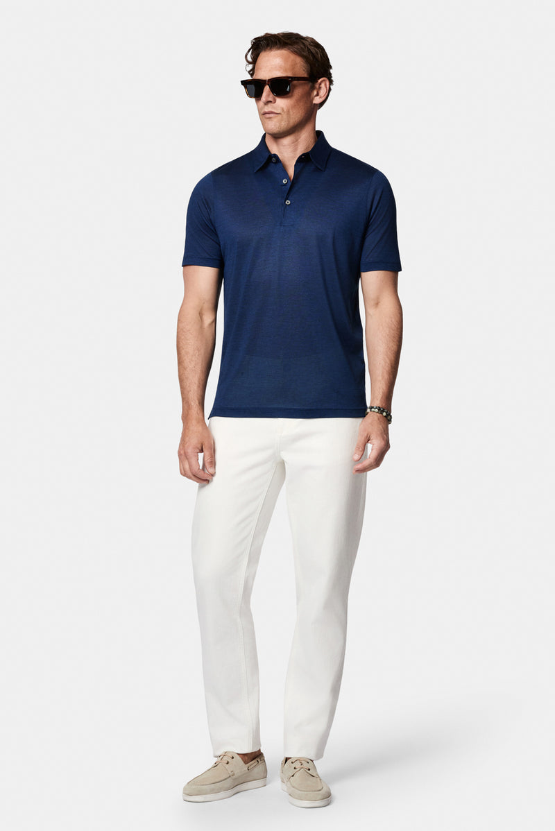 Koyu Lacivert Regular Fit %100 İpek Düğmeli Polo Yaka İtalyan T-shirt
