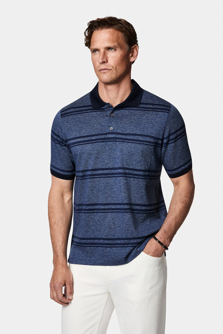 Açık Lacivert Regular Fit Çizgili Cepli Merserize %100 Pamuk Düğmeli Polo Yaka T-shirt