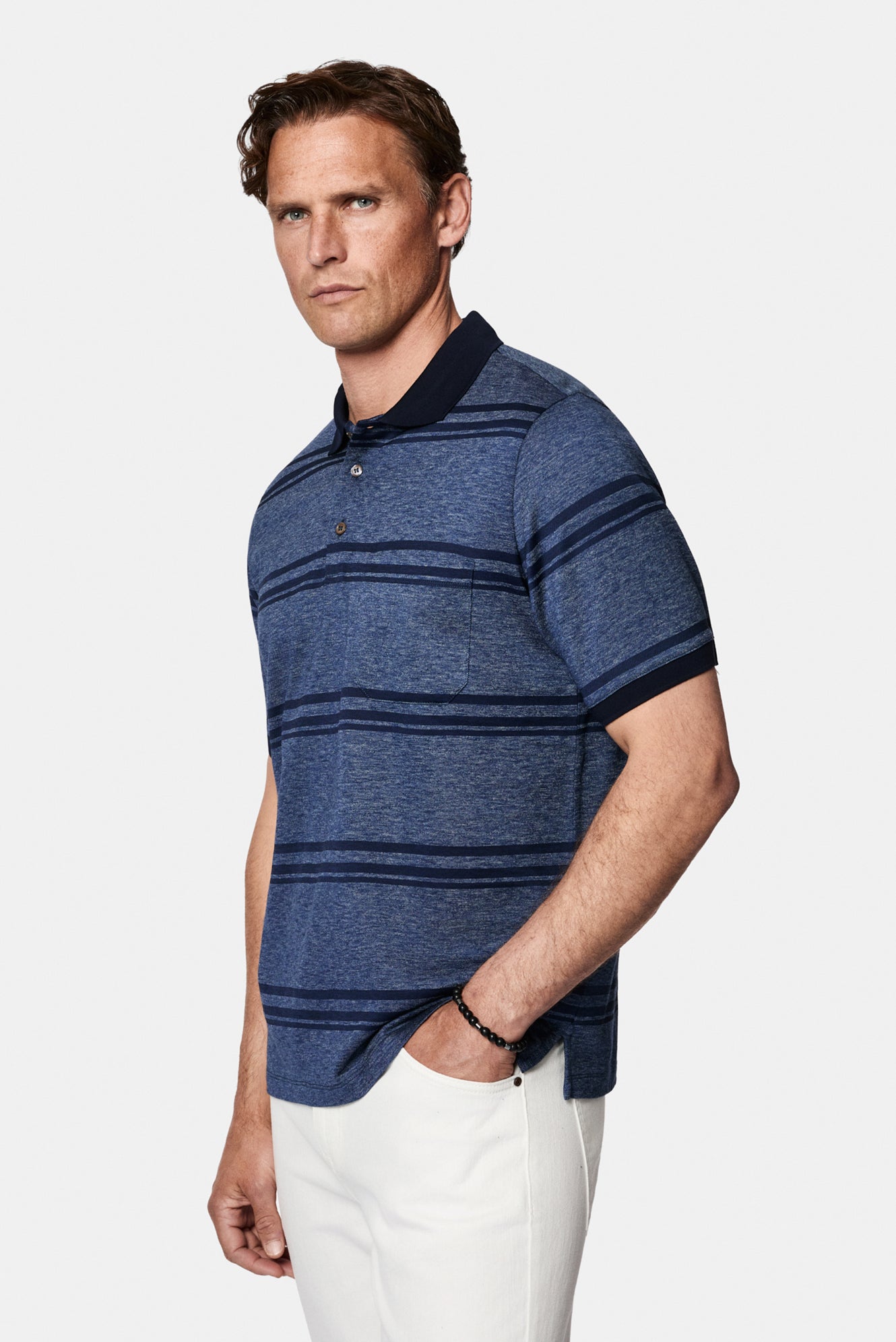 Açık Lacivert Regular Fit Çizgili Cepli Merserize %100 Pamuk Düğmeli Polo Yaka T-shirt
