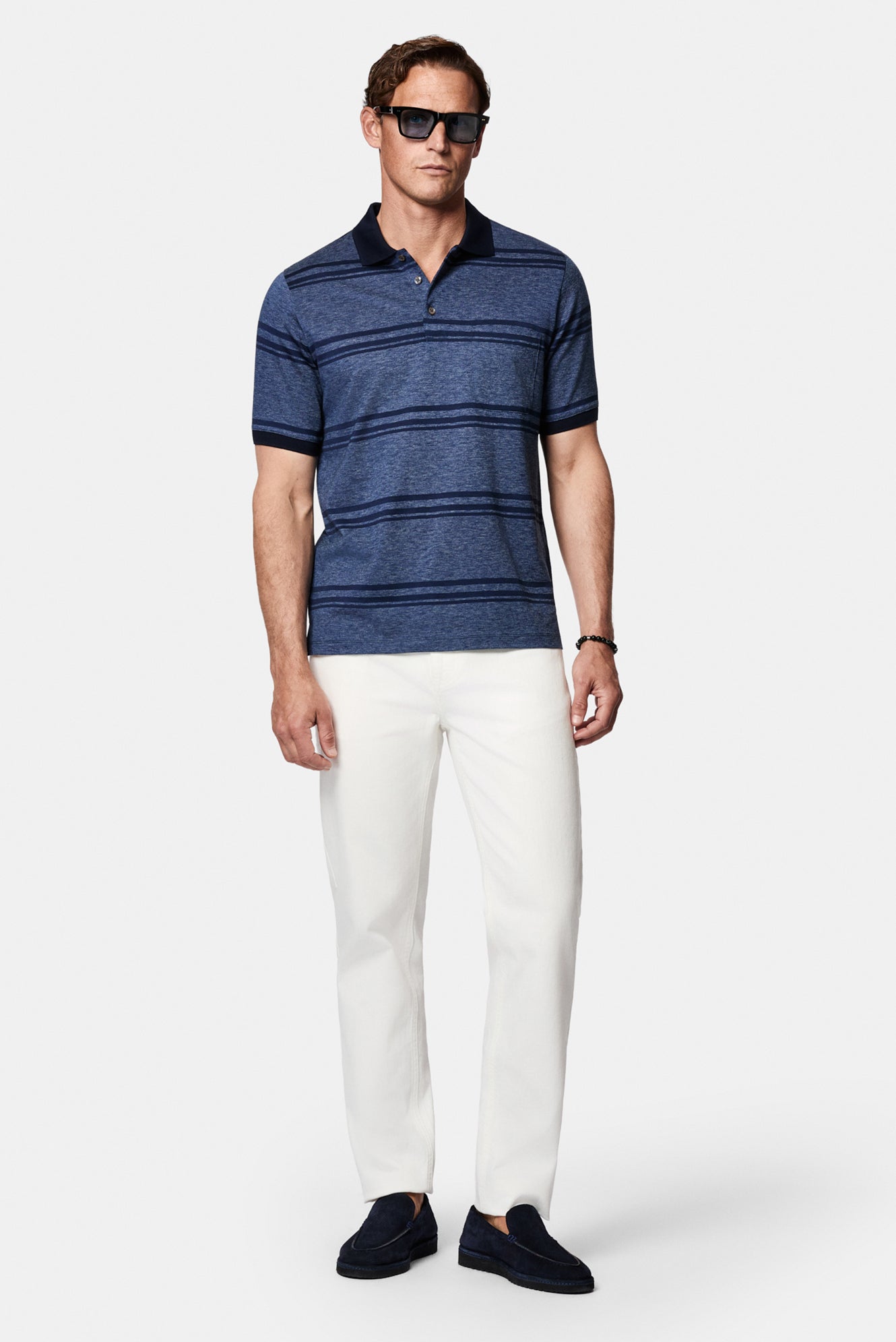 Açık Lacivert Regular Fit Çizgili Cepli Merserize %100 Pamuk Düğmeli Polo Yaka T-shirt