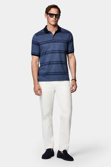 Açık Lacivert Regular Fit Çizgili Cepli Merserize %100 Pamuk Düğmeli Polo Yaka T-shirt