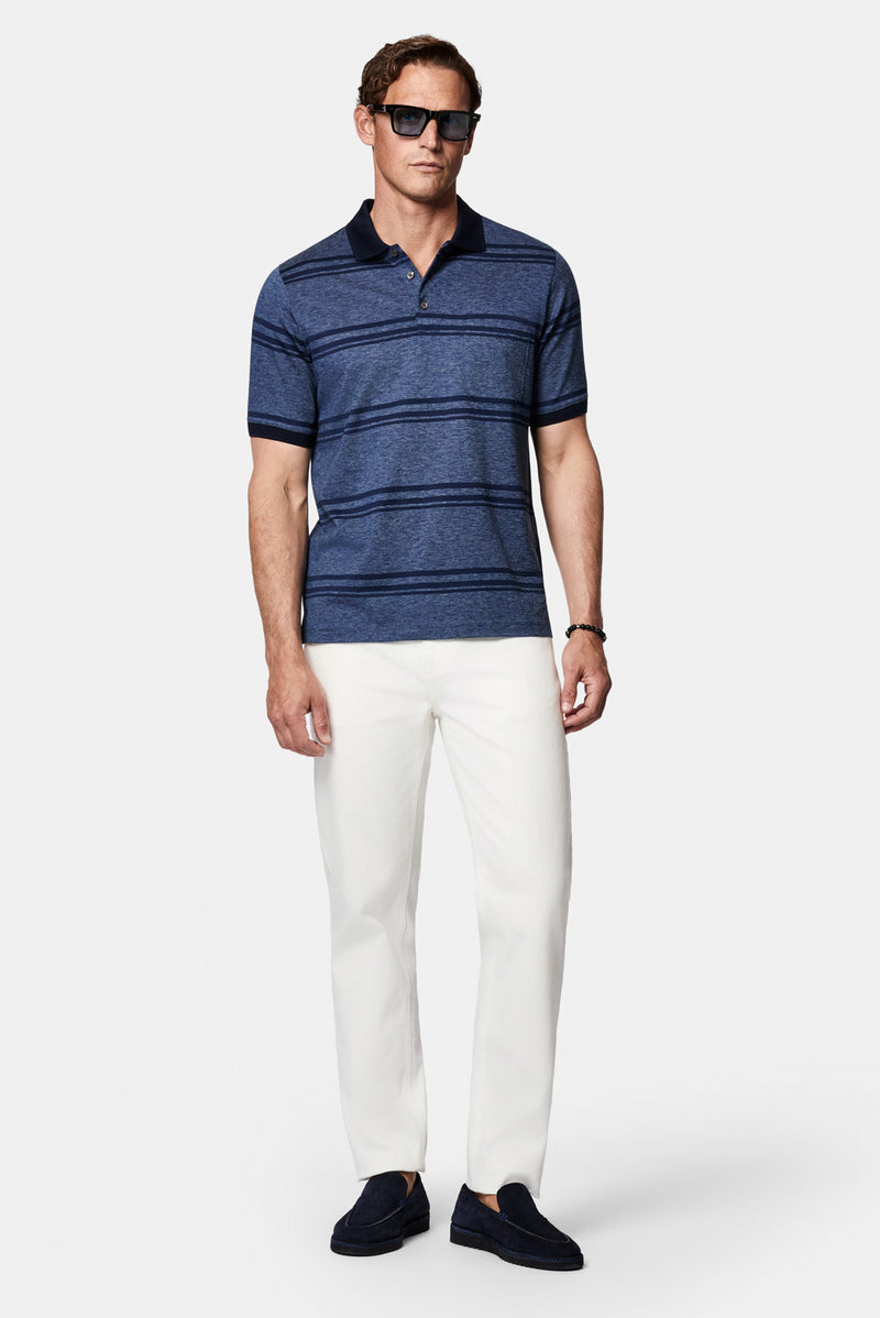Açık Lacivert Regular Fit Çizgili Cepli Merserize %100 Pamuk Düğmeli Polo Yaka T-shirt