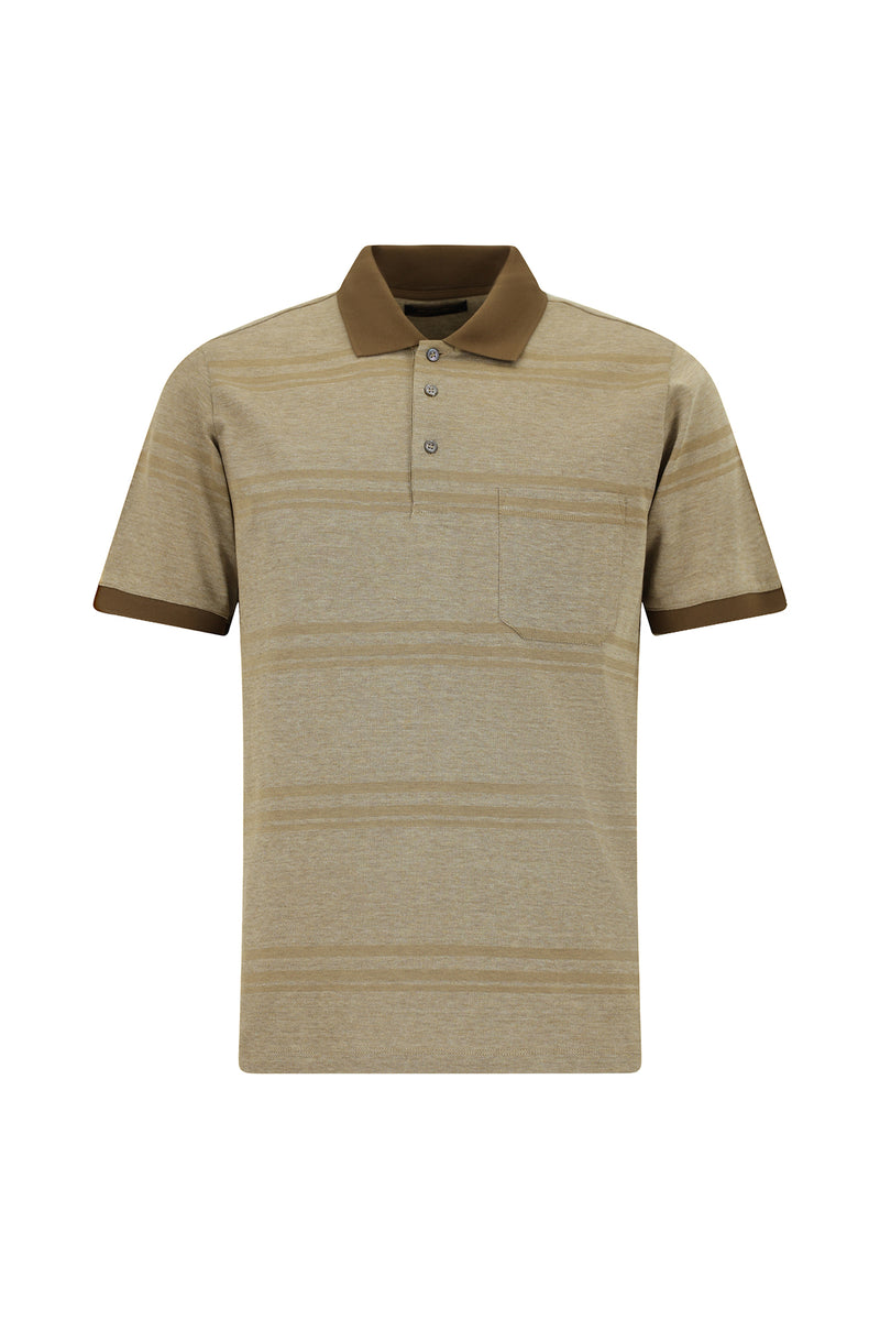 Orta Bej Regular Fit Çizgili Cepli Merserize Pamuk Polo Yaka T-shirt