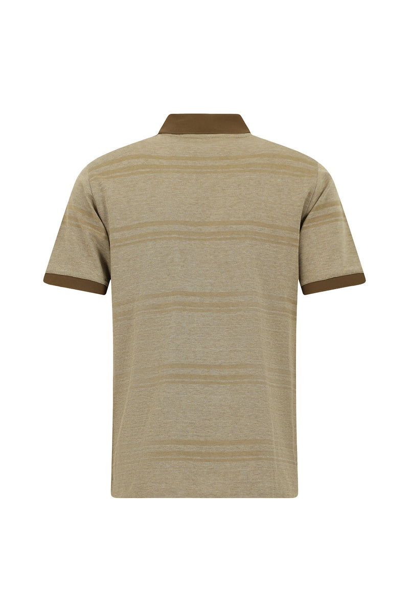 Orta Bej Regular Fit Çizgili Cepli Merserize Pamuk Polo Yaka T-shirt