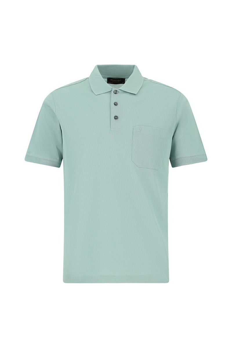 Su Yeşili Regular Fit Pamuk Nakışlı Merserize Polo Yaka T-shirt
