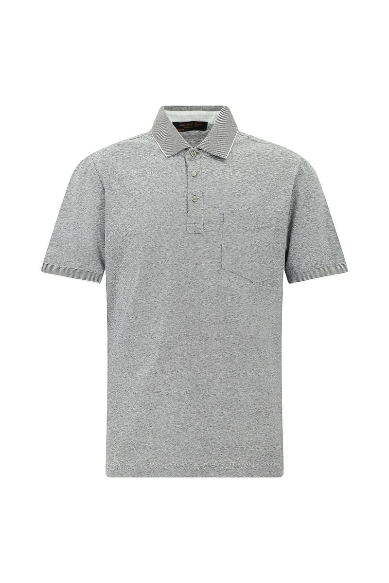 Orta Gri Regular Fit Çizgili Merserize Pamuklu Keten Polo Yaka T-shirt-Abdullah Ki??l?