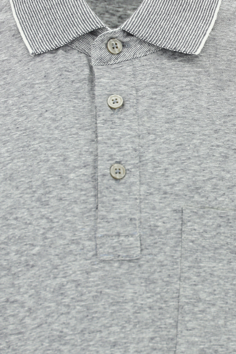 Orta Gri Regular Fit Çizgili Merserize Pamuklu Keten Polo Yaka T-shirt-Abdullah Ki??l?
