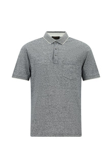 Orta Lacivert Regular Fit Çizgili Merserize Pamuklu Keten Polo Yaka T-shirt