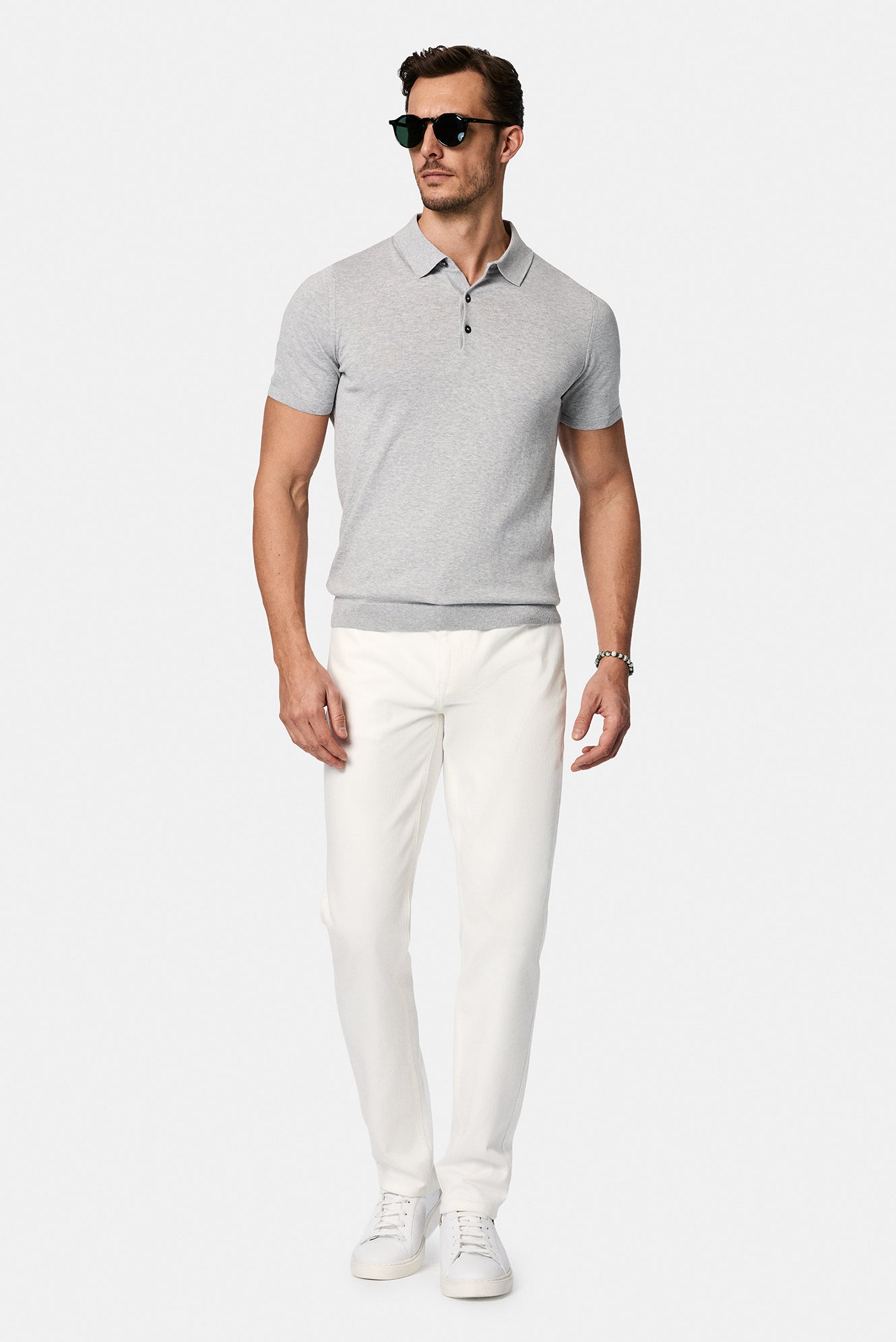 Orta Gri Melanj Slim Fit Dar Kesim Pamuklu Polo Yaka Triko ?pek Kar???ml? T-shirt-Abdullah Ki??l?