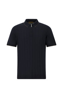 Koyu Lacivert Slim Fit Dar Kesim Desenli Fermuarlı İtalyan Triko Polo T-shirt