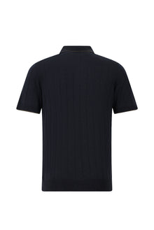 Koyu Lacivert Slim Fit Dar Kesim Desenli Fermuarlı İtalyan Triko Polo T-shirt