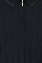 Koyu Lacivert Slim Fit Dar Kesim Desenli Fermuarlı İtalyan Triko Polo T-shirt