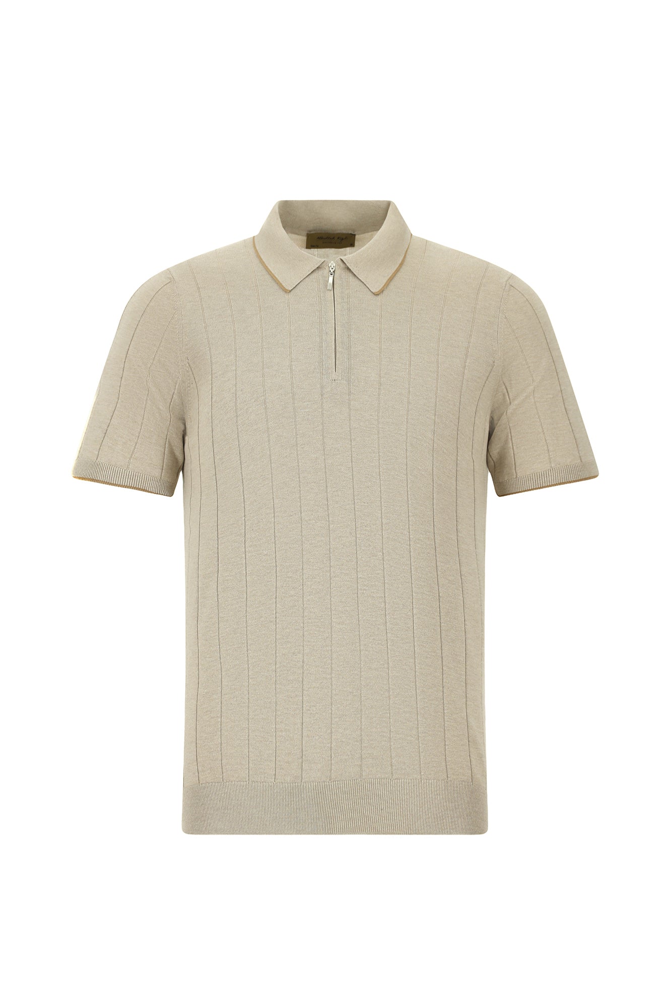 Orta Bej Slim Fit Dar Kesim Desenli Fermuarlı İtalyan Triko Polo T-shirt