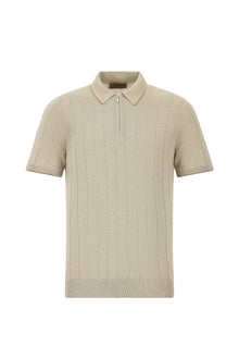 Orta Bej Slim Fit Dar Kesim Desenli Fermuarlı İtalyan Triko Polo T-shirt