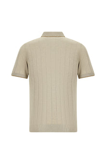 Orta Bej Slim Fit Dar Kesim Desenli Fermuarlı İtalyan Triko Polo T-shirt