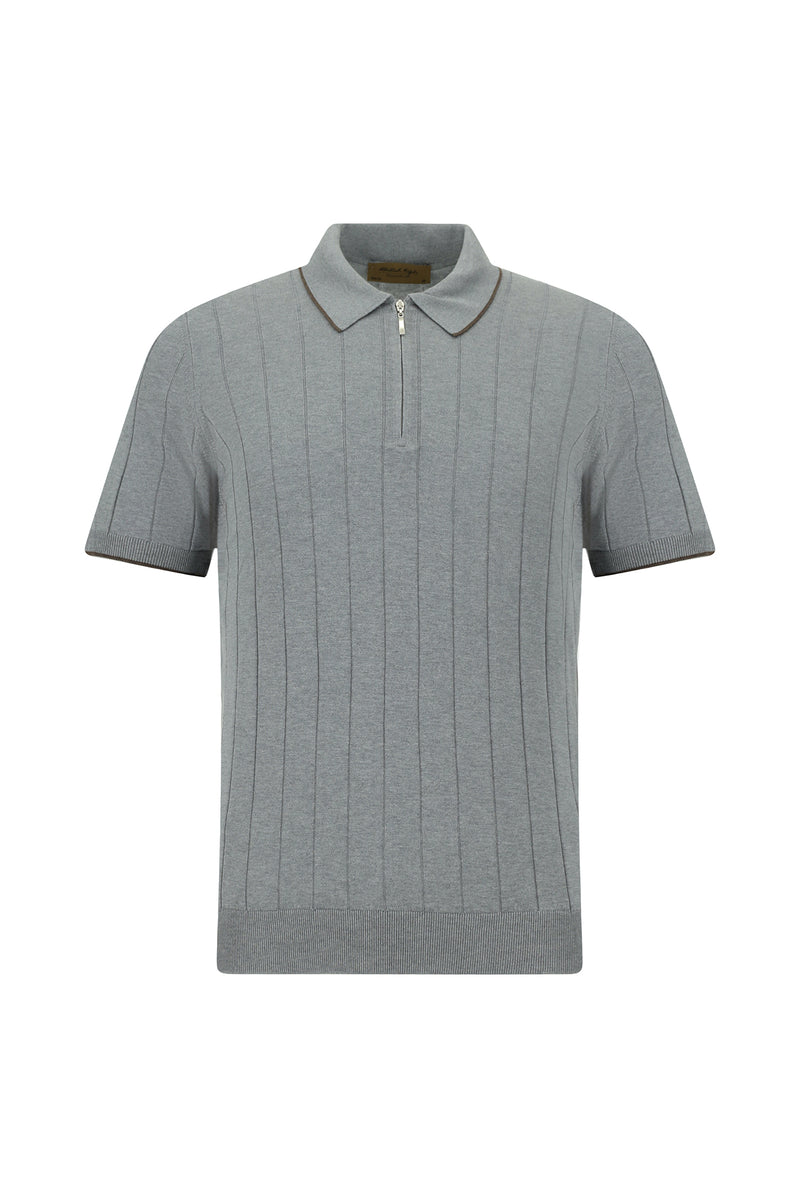 Orta Anrasit Melanj Slim Fit Dar Kesim Desenli Fermuarlı İtalyan Triko Polo T-shirt