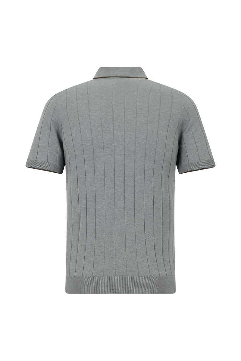 Orta Anrasit Melanj Slim Fit Dar Kesim Desenli Fermuarlı İtalyan Triko Polo T-shirt