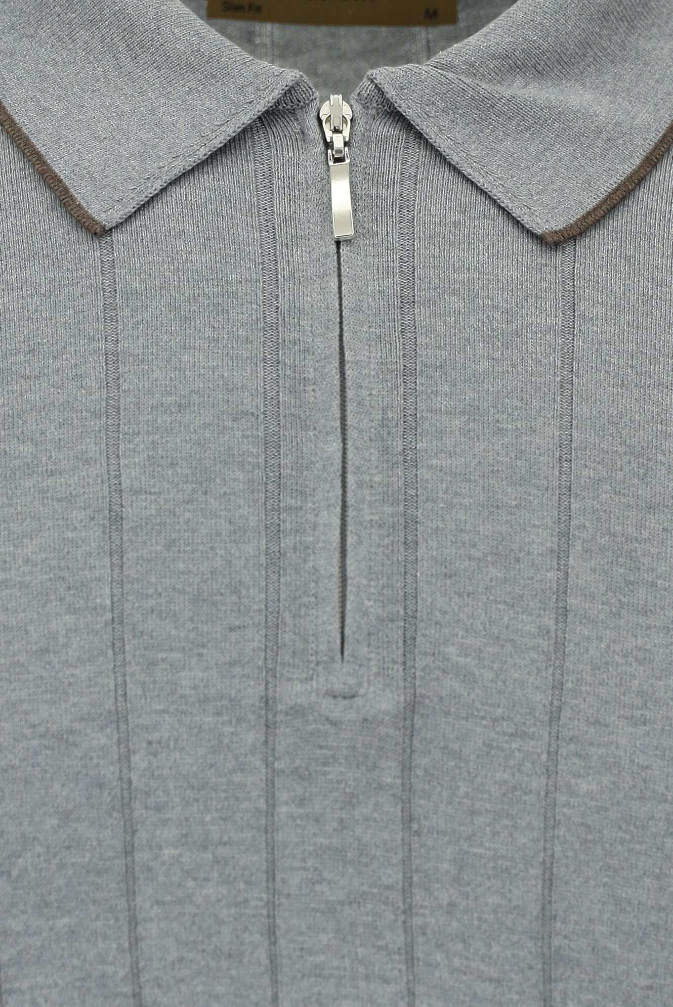 Orta Anrasit Melanj Slim Fit Dar Kesim Desenli Fermuarlı İtalyan Triko Polo T-shirt