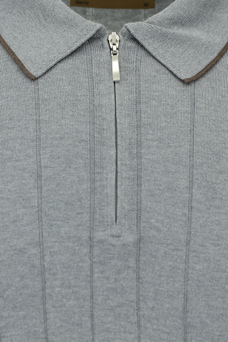 Orta Anrasit Melanj Slim Fit Dar Kesim Desenli Fermuarlı İtalyan Triko Polo T-shirt