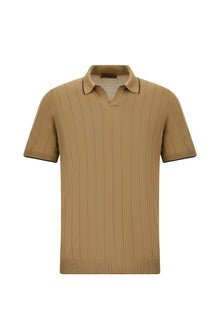 Koyu Bej Slim Fit Dar Kesim Çizgili İtalyan Triko Polo T-shirt