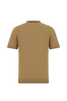 Koyu Bej Slim Fit Dar Kesim Çizgili İtalyan Triko Polo T-shirt