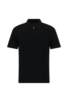 Siyah Slim Fit Dar Kesim Fermuarlı Merserize Pamuk Desenli Polo Yaka T-shirt