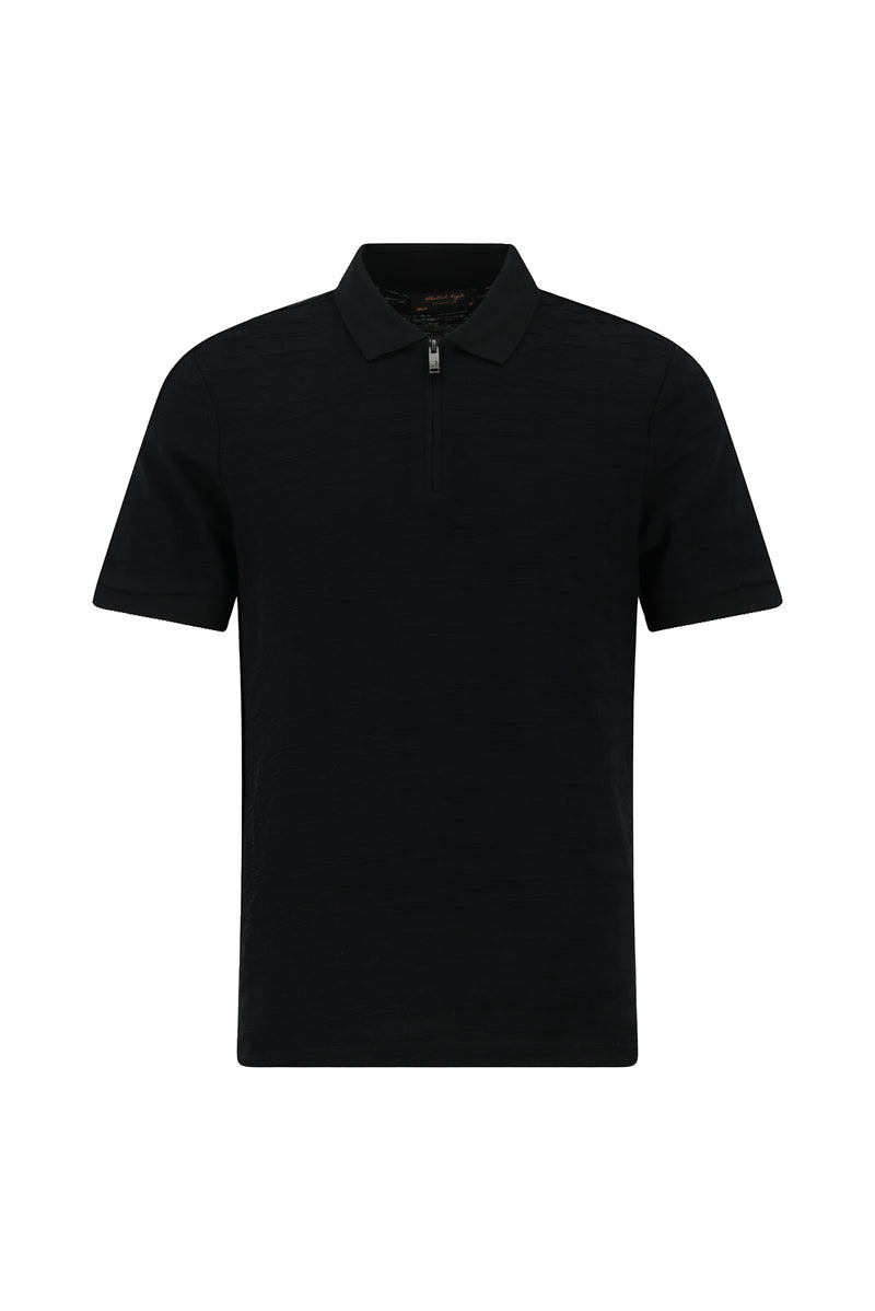 Siyah Slim Fit Dar Kesim Fermuarlı Merserize Pamuk Desenli Polo Yaka T-shirt