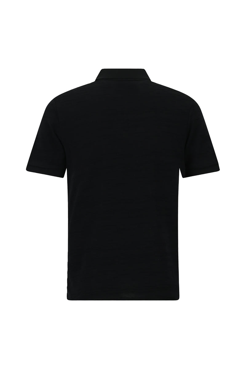 Siyah Slim Fit Dar Kesim Fermuarlı Merserize Pamuk Desenli Polo Yaka T-shirt