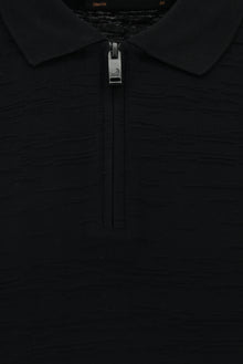 Siyah Slim Fit Dar Kesim Fermuarlı Merserize Pamuk Desenli Polo Yaka T-shirt