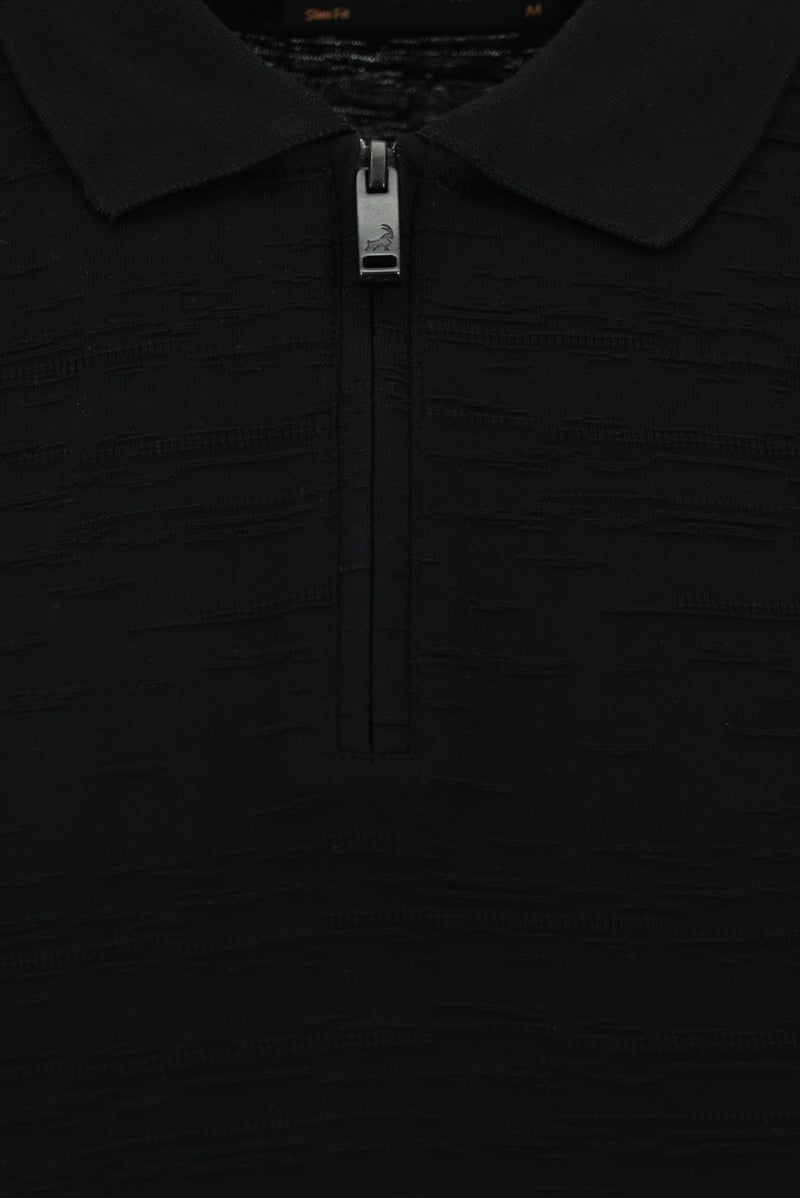 Siyah Slim Fit Dar Kesim Fermuarlı Merserize Pamuk Desenli Polo Yaka T-shirt