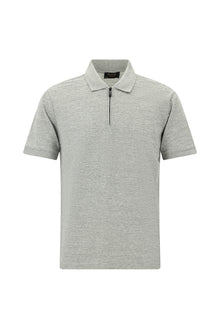Açık Gri Slim Fit Dar Kesim Fermuarlı Merserize Pamuk Desenli Polo Yaka T-shirt