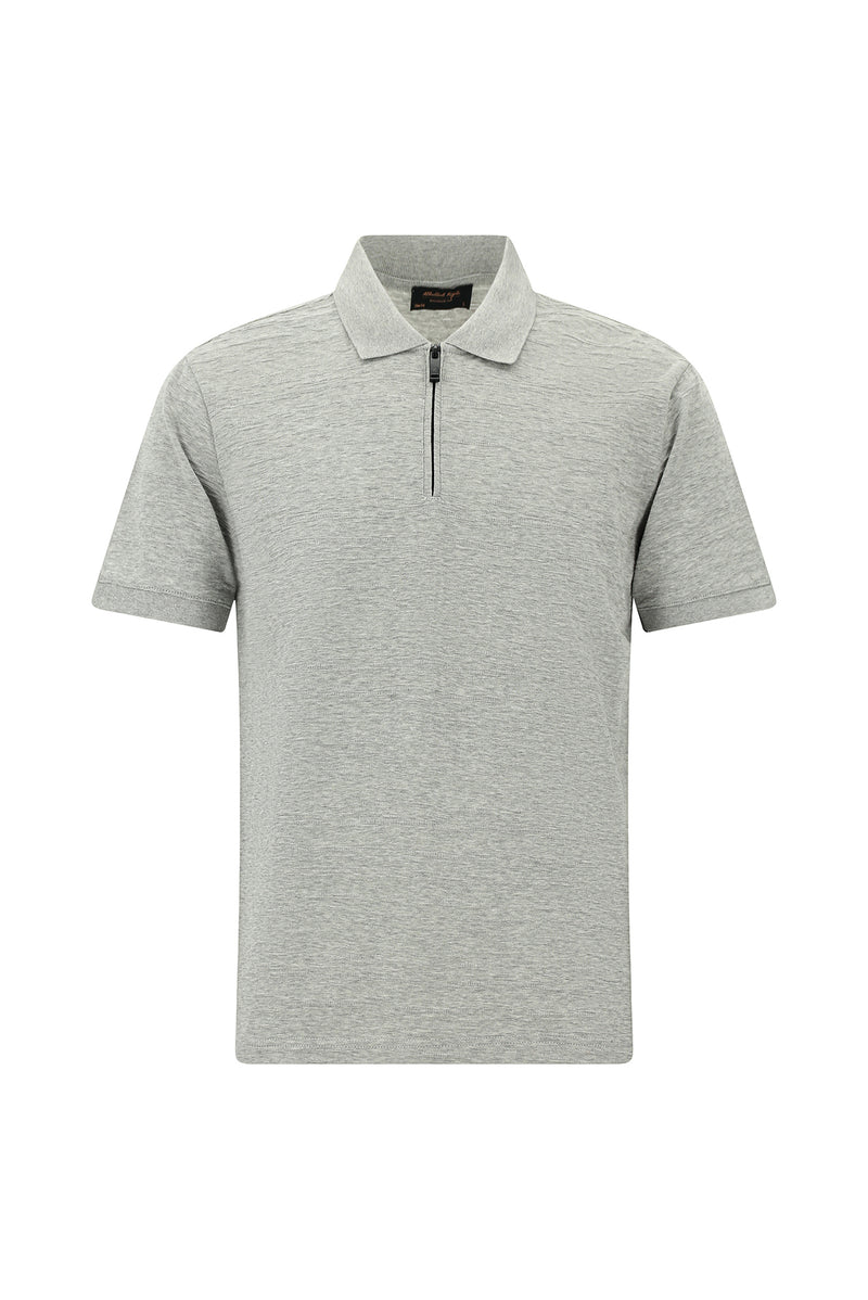 Açık Gri Slim Fit Dar Kesim Fermuarlı Merserize Pamuk Desenli Polo Yaka T-shirt