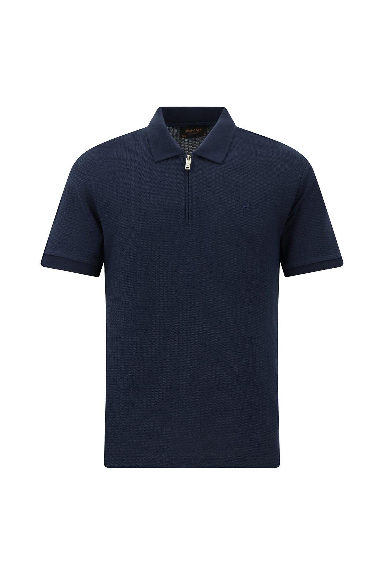 Koyu Lacivert Slim Fit Dar Kesim Fermuarlı Nakışlı Pamuk Desenli Polo Yaka T-shirt