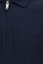 Koyu Lacivert Slim Fit Dar Kesim Fermuarlı Nakışlı Pamuk Desenli Polo Yaka T-shirt