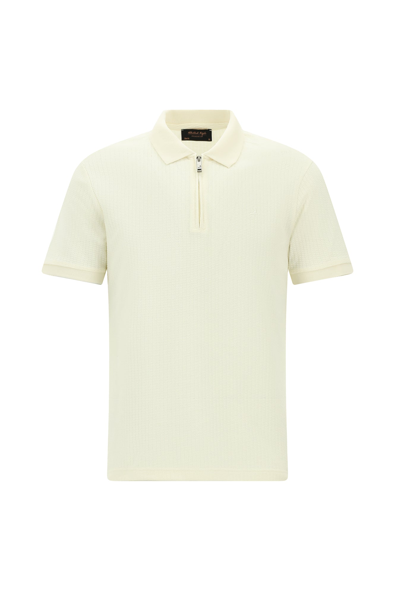 Kırık Beyaz Slim Fit Dar Kesim Fermuarlı Nakışlı Pamuk Desenli Polo Yaka T-shirt