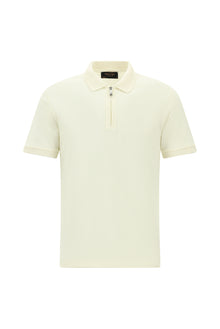 Kırık Beyaz Slim Fit Dar Kesim Fermuarlı Nakışlı Pamuk Desenli Polo Yaka T-shirt