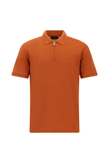 Kiremit Slim Fit Dar Kesim Fermuarlı Nakışlı Pamuk Desenli Polo Yaka T-shirt